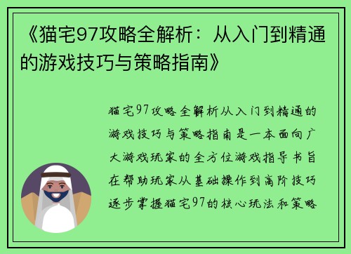 《猫宅97攻略全解析：从入门到精通的游戏技巧与策略指南》