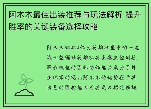 阿木木最佳出装推荐与玩法解析 提升胜率的关键装备选择攻略